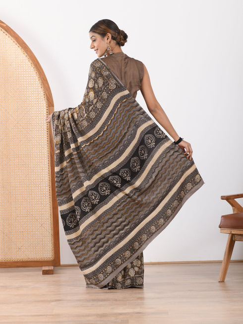 MULMUL UMBER BROWN BLOCK PRINTED MODAL SATIN SAREE MULMUL UMBER BROWN BLOCK PRINTED MODAL SATIN SAREE